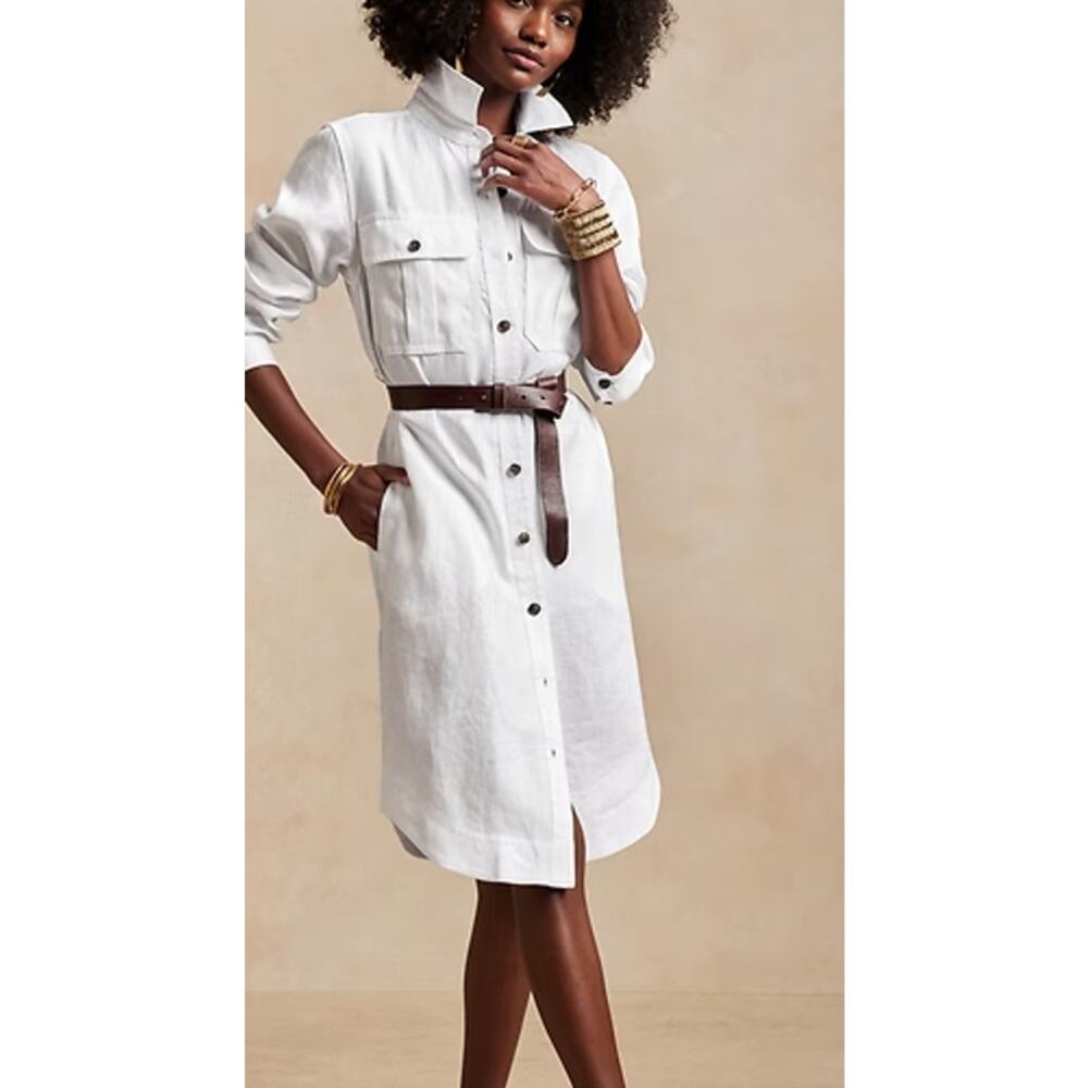 Banana Republic White Button-Down Midi Shirt Dress with Brown Belt